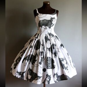 One of a kind 1950s style novelty cat print dress with full skirt